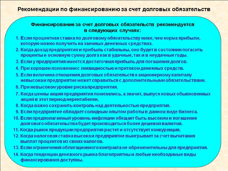 Рекомендации по финансированию за счет долговых обязательств 1. Если процентная ставка по долговому обязательству